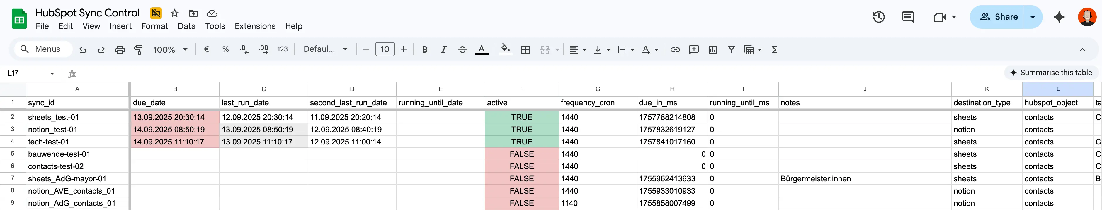 Screenshot of the control sheet.